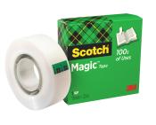 Eine Rolle transparentes Klebeband neben einer grünen Verpackung. Die Verpackung zeigt den Schriftzug 'Scotch Magic Tape'.