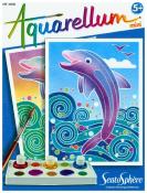 Aquarellset mit zwei Bildern von Delfinen. Bunte Wasserfarben und Pinsel sind abgebildet.