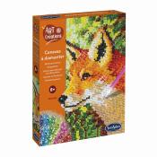Paket mit Diamond Painting Set. Motiv eines Fuchses auf einer bunten Leinwand.