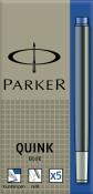 Parker Quink Tintenpatronen in Blau. Verpackung zeigt einen Stift und Symbole für Nachfüllung.
