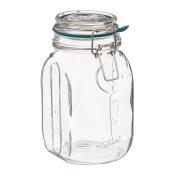 Glasbehälter mit einem Deckel und einem Verschlussmechanismus. Transparent und rechteckig geformt.
