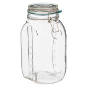 Glasbehälter mit Deckel und Verschluss. Transparent, rechteckige Form mit Maßangaben an der Seite.