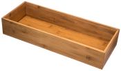 rechteckige, flache Schublade aus Bambus. Natürliche Holzfarbe. Keine Griffe oder Verzierungen.