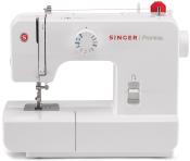 weiße Nähmaschine von Singer. Modell: Promise. Drehknopf für Stichwahl. Faden auf der Oberseite. Einfaches Design.