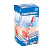 Verpackung für Kugelschreiber. Blau-weiße Box mit rotem Akzent. Enthält 50 Stück, 0,7 mm Mine, rot.