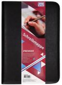 Schreibmappe in Schwarz. Mit einem Hand, die einen Stift hält. Auf der Vorderseite ein rotes und blaues Design. Text: 'Schreibmappe PREMIER'.
