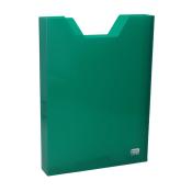 Grüner Ordner mit V-förmigem Ausschnitt oben. Glatte Oberfläche, schlichtes Design.