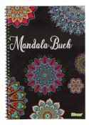 Schwarzes Mandala-Buch mit bunten Mandala-Mustern auf dem Cover. Titel: 'Mandala-Buch'. Spiralbindung.