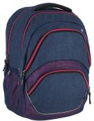 Dunkelblauer Rucksack mit pinken Akzenten. Mehrere Fächer und ein gepolsterter Griff.
