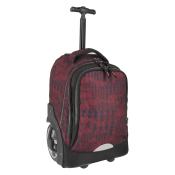 Roter Rollkoffer mit einem geometrischen Muster. Er hat einen ausziehbaren Griff und zwei Rollen.