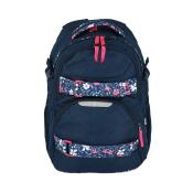 Dunkelblaue Rucksack mit floralen Akzenten. Zwei große Fächer und gepolsterte Tragegriffe.