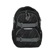 schwarzer Rucksack mit grauen Akzenten. Geometrisches Muster in Schwarz und Weiß. Zwei große Fächer und verstellbare Gurte.