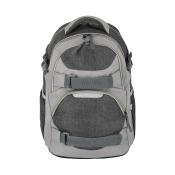 Grauer Rucksack mit hellgrauen Akzenten. Zwei vordere Fächer und gepolsterte Tragegurte.