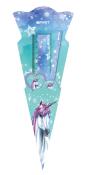 Schultüte mit einem Einhornmotiv. Farbverlauf in Blau und Lila, enthält Lineal und Radierer.