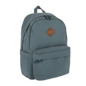 Grauer Rucksack mit einem kleinen vorderen Fach. Das Material ist schlicht und strapazierfähig.