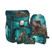 Schulranzen-Set mit Dinosaurier-Motiv. Enthält einen Rucksack, eine Sporttasche, ein Federmäppchen und eine Geldbörse. Farben: Grün und Braun. Design zeigt einen T-Rex.