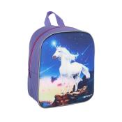 Lila Rucksack mit einem Einhornmotiv. Das Einhorn steht vor einem Sternenhimmel.