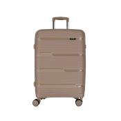 Beige Hartschalenkoffer mit horizontalen Rillen. Ausgestattet mit einem ausziehbaren Griff und vier Rollen.