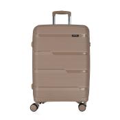 Beige Hartschalenkoffer mit strukturiertem Design. Ausgestattet mit vier Rollen und einem ausziehbaren Griff.