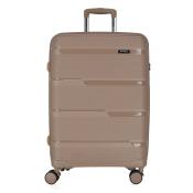 Beige Hartschalenkoffer mit strukturiertem Design. Ausgestattet mit vier Rollen und einem Teleskopgriff.