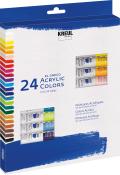 Set mit 24 Acrylfarben in 12 ml Tuben. Verpackung zeigt verschiedene Farben und Markenname.