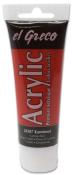 Rote Acrylfarbe in einer Tube. Aufschrift 'el Greco' und 'Acrylic'. Farbton: Karminrot.