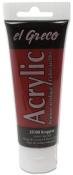 Acrylfarbe in roter Tube. Marke: el Greco. Farbe: Krapprot. Verpackung hat eine schwarze und rote Gestaltung.
