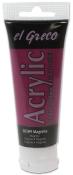 Acrylfarbe in der Farbe Magenta. Tube mit schwarzem und lila Design.