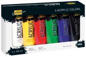 Set mit sechs Acrylfarben in Tuben. Farben sind Weiß, Gelb, Rot, Grün, Blau und Schwarz.
