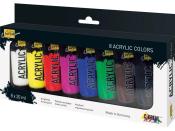 Set mit acht Acrylfarben in Röhrchen. Farben sind schwarz, weiß, gelb, rot, pink, blau, grün und braun.