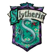 Wappen von Slytherin aus der Harry Potter Reihe. Grüner Hintergrund mit einer Schlange und dem Schriftzug 'Slytherin'.