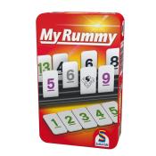 Spielverpackung von My Rummy. Enthält Spielsteine mit Zahlen und einem Joker-Symbol.