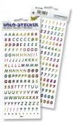 Holografische Aufkleber mit Buchstaben und Zahlen. Bunte Farben: Rot, Grün, Blau, Lila. Zwei Bögen, verschiedene Schriftgrößen.