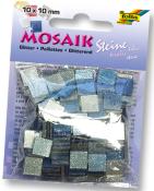 Paket mit glitzernden Mosaiksteinen in verschiedenen Blautönen. Die Steine sind quadratisch und messen 10 x 10 mm.