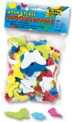 Tüte mit bunten Moosgummi-Stanzteilen in verschiedenen Formen. Enthält Schmetterlinge und Blumen in mehreren Farben.
