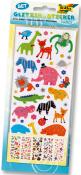 Bogen mit bunten Glitzerstickern in Tierformen. Enthält Elefanten, Giraffen, Affen und mehr.