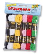 Packung mit Stickgarn in verschiedenen Farben. Enthält zehn Spulen mit jeweils 40 Metern Faden.