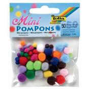 Packung mit bunten Mini-Pompoms in verschiedenen Farben. Insgesamt 50 Stück, Durchmesser 1 cm.