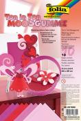 Bunte Moosgummi-Bögen in verschiedenen Rosa- und Rottönen. Eine kleine Feenfigur und ein Körbchen sind dekorativ abgebildet.