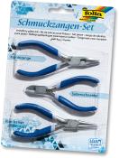 Set aus drei Schmuckzangen. Kombizange, Seitenschneider, Rundzange. Griffe in Blau, Metallteile glänzend.