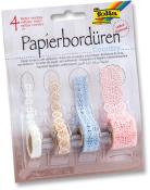 Vier Rollen selbstklebende Papierbordüren in verschiedenen Farben. Designs mit floralen Mustern.