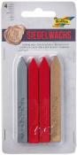 Set mit vier Stücken Siegelwachs. Farben: Silber, Rot, Gold. Spitze Form, verpackt in durchsichtiger Blisterverpackung.