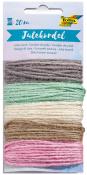Jutekordel in verschiedenen Farben. Sechs Stränge: grau, mintgrün, beige, braun, rosa. Jede Rolle hat 20 Meter Länge.