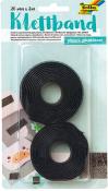 Schwarzes Klettband, selbstklebend, in zwei Rollen. Verpackung zeigt verschiedene Sprachen.