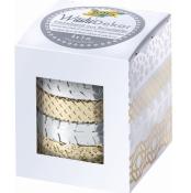 Vier Rollen Washi-Tape in verschiedenen Designs. Verpackung in einem weißen Karton mit Sichtfenster.