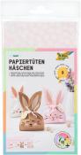 Papier-Tüten in Form von Hasen. Drei verschiedene Designs in Braun, Pink und Weiß.