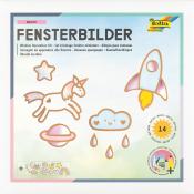 Fensterbilder Set mit bunten Motiven. Enthält Einhorn, Rakete, Wolke und weitere Designs.