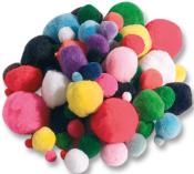 Bunte Pompons in verschiedenen Größen und Farben. Runde Formen, weich und flauschig.
