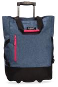 Große, blaue Tasche mit Rollen und einem schwarzen Boden. Mit pinkem Reißverschluss und Tragegriffen.