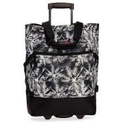 Schwarze Tasche mit Rollen und einem Muster aus weißen Palmblättern. Sie hat zwei Tragegriffe und einen Reißverschluss.